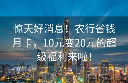 惊天好消息！农行省钱月卡，10元变20元的超级福利来啦！